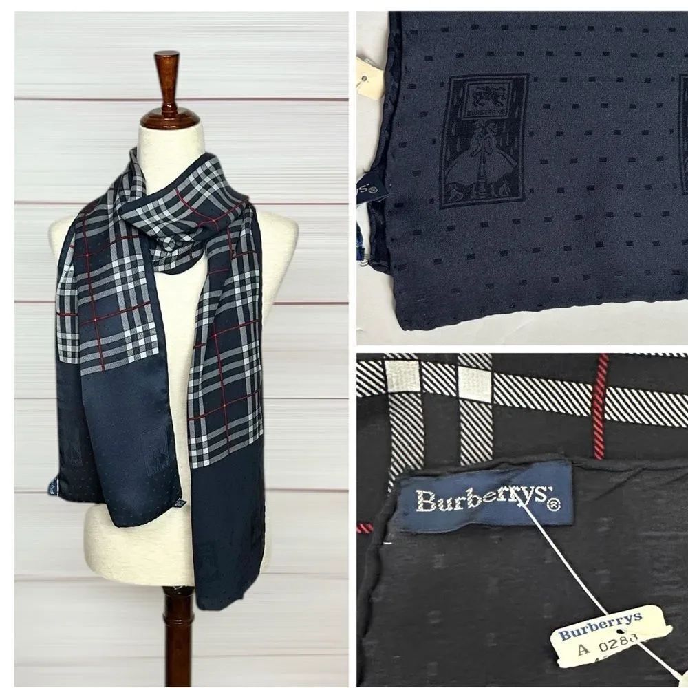 NWT Burberry Silk Oblong Scarf Navy Blue Nova Check Vintage Hand Rolled New